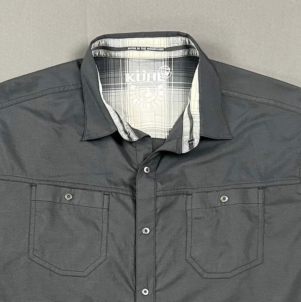 Kuhl Stealth Short Sleeve Shirt Size XL Gray Snap Button Micro Check